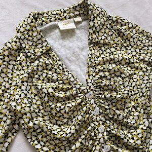 Maeve Anthropologie Yellow White Black Spotted Print Ruched Long Sleeve Top
